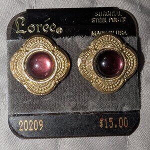 $3 with Bundle ~ Vintage Lorée Burgundy Cabochon Earrings 4578